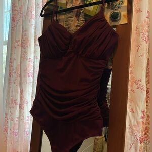 Express Burgundy Ruched Cami Bodysuit Top